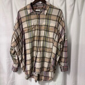 American Eagle Plaid Flannel Boyfriend Shirt Tan Green Pink Oversized Medium EC